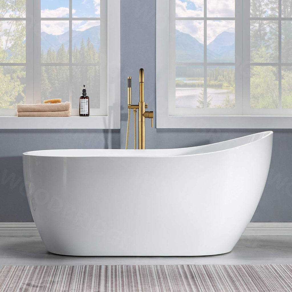 WOODBRIDGE 59' Acrylic Freestanding Bathtub Contemporary Soaking White Tub with Brushed Gold Overflow and Drain， B1530 -BG-Drain &O