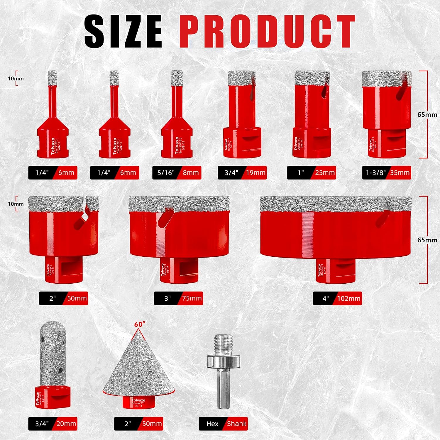 Diamond Hole Saw Kit, Tile Hole Saw Kit with 12Pcs 6/6/8/19/25/35/50/75/102mm for Porcelain Tile, Granite, Marble, Ceramic and More Drilling