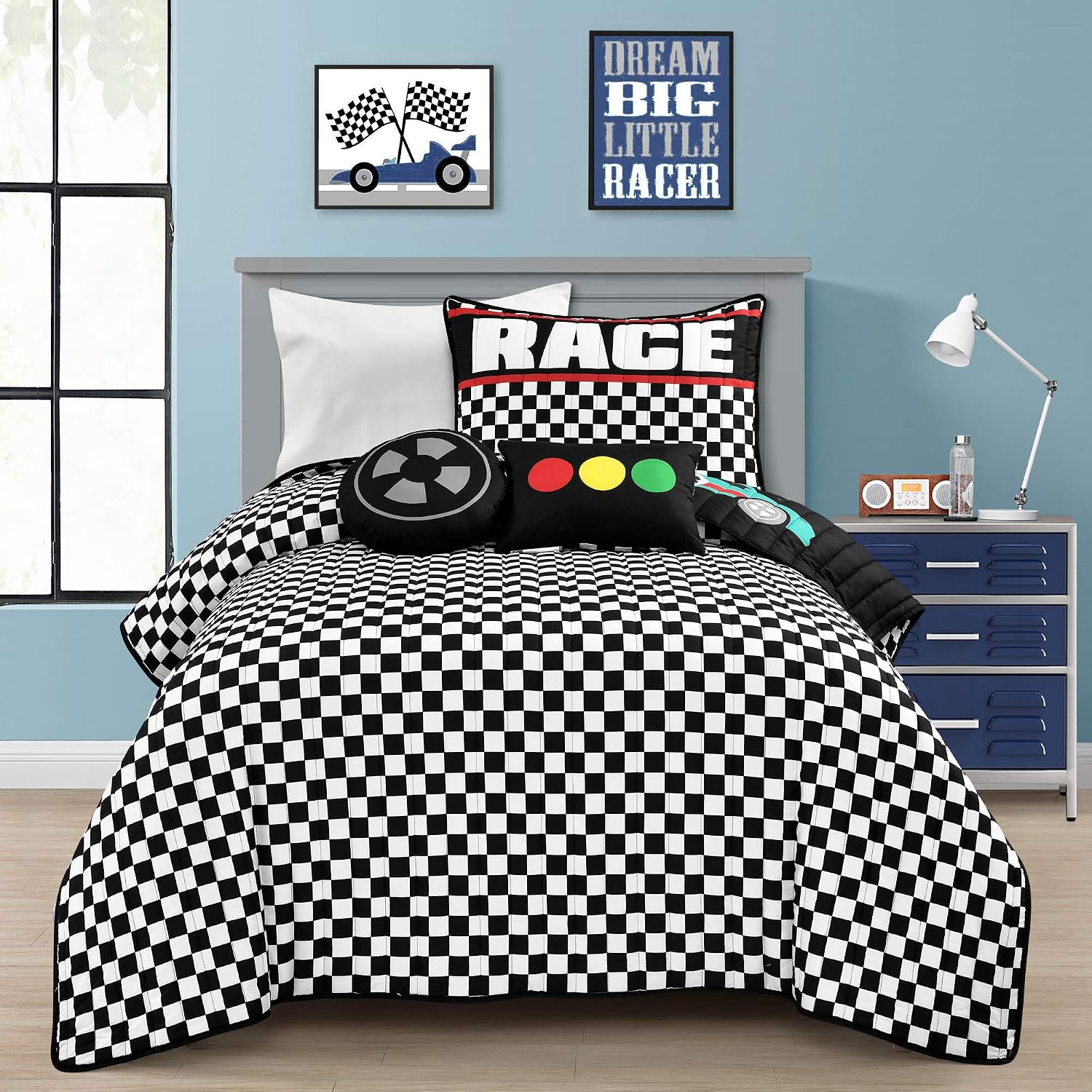 Lush Decor Racing Cars Reversible Quilt Twin Size 4 Piece Set Black & Multi - Toddler Bedding Set Twin Quilt - Car Decor