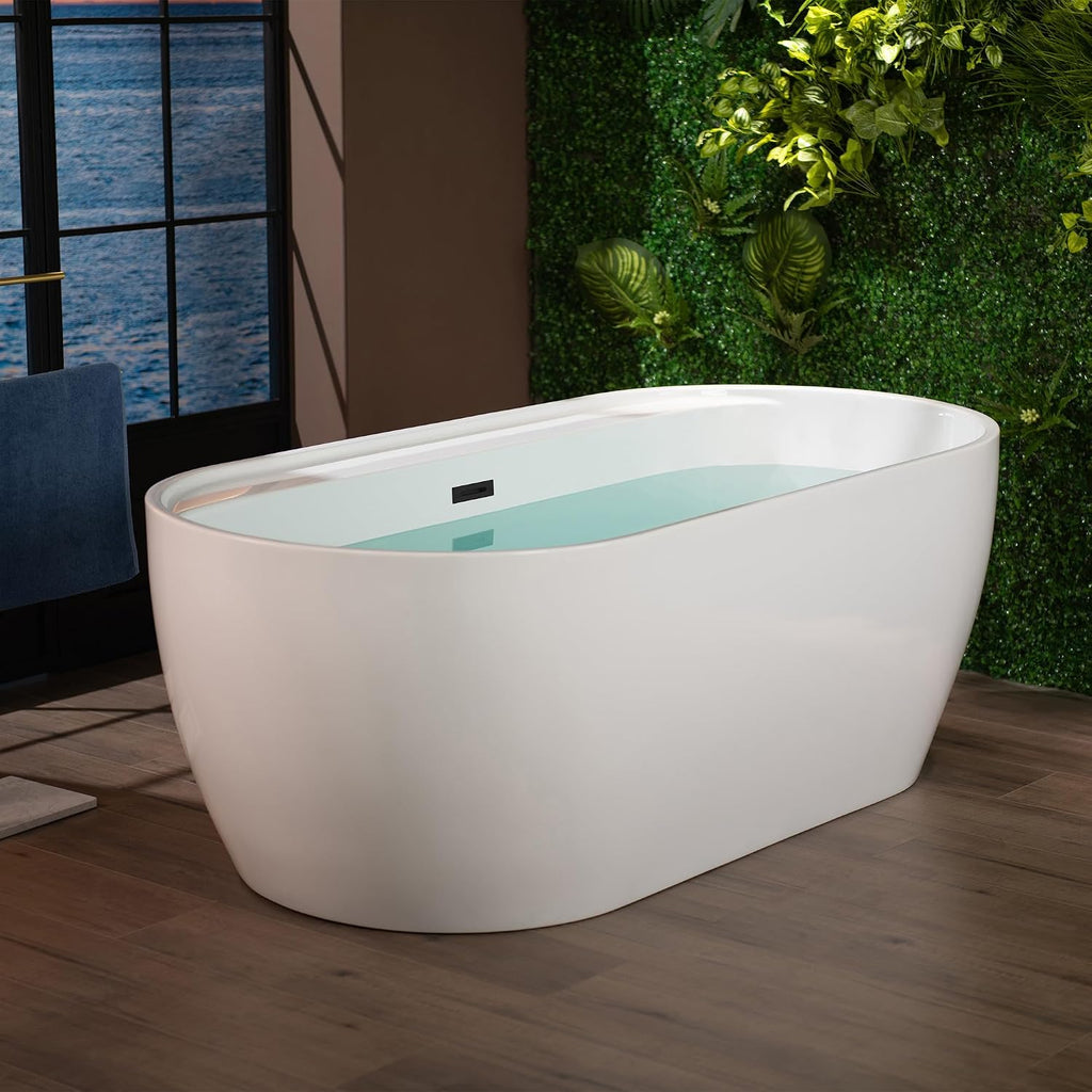 WOODBRIDGE 67' Acrylic Freestanding Bathtub Contemporary Soaking White Tub with Matte Black Overflow and Drain,B0063-MB
