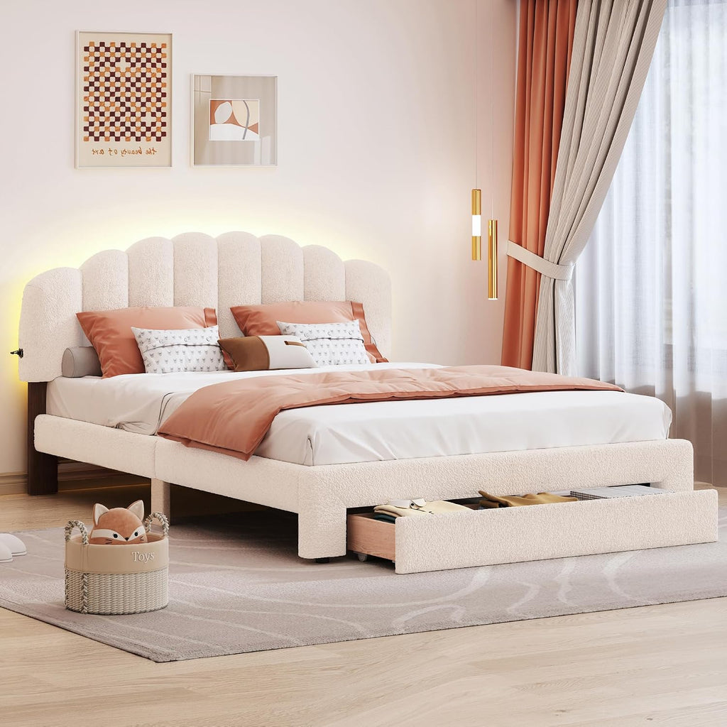 Queen Size Teddy Fleece Upholstered Platform Bed with Drawer,LED Bed Frame W/ 2 USB Ports,for Bedroom,Apartment,Guest Room,Beige