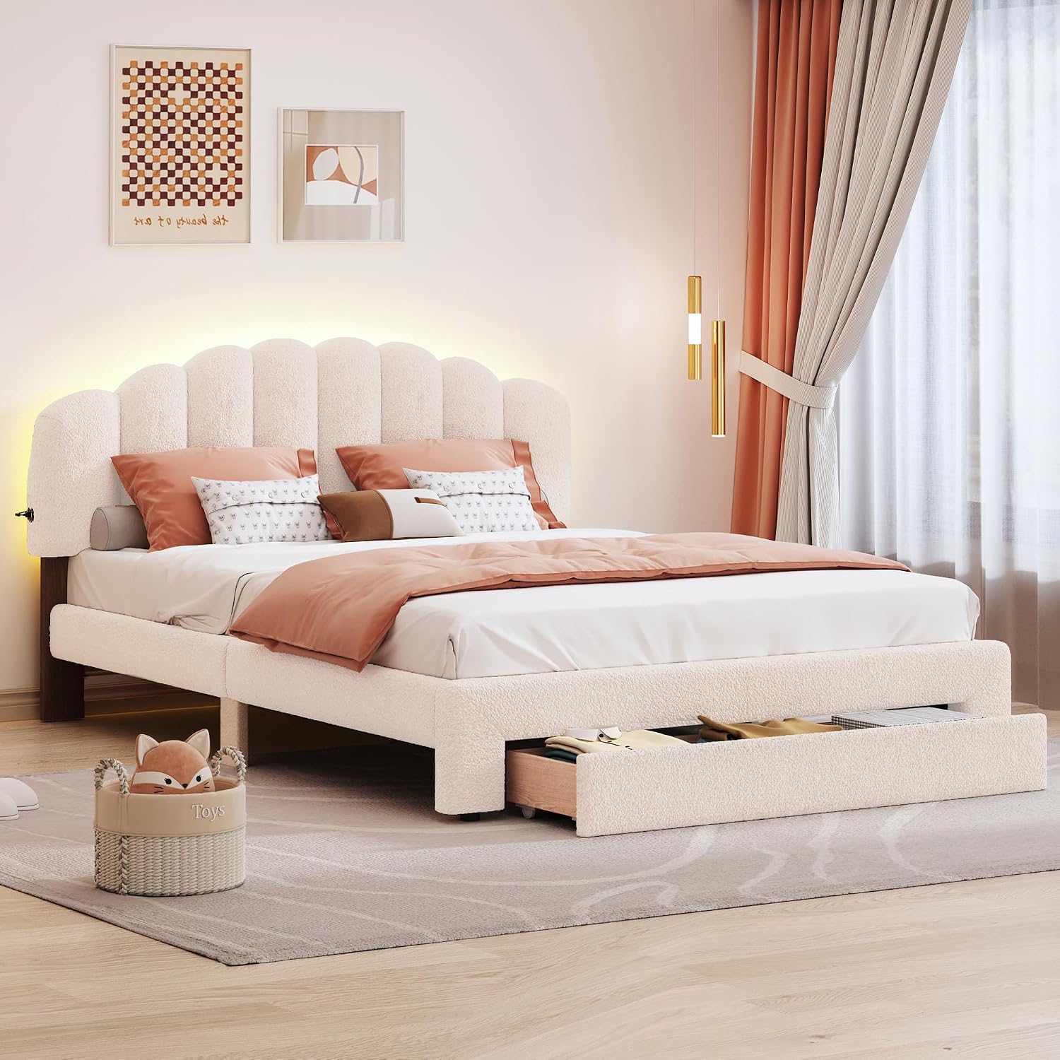 Queen Size Teddy Fleece Upholstered Platform Bed with Drawer,LED Bed Frame W/ 2 USB Ports,for Bedroom,Apartment,Guest Room,Beige