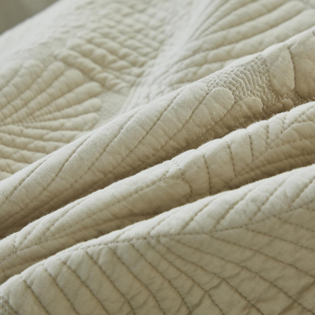 Brandream Beige Palm Stitch Quilt Set 100% Cotton King Size Luxury Embroidered Palm Leaf Bedding, Premium Hand-Stitched Tropical Quilt Set 3-Piece