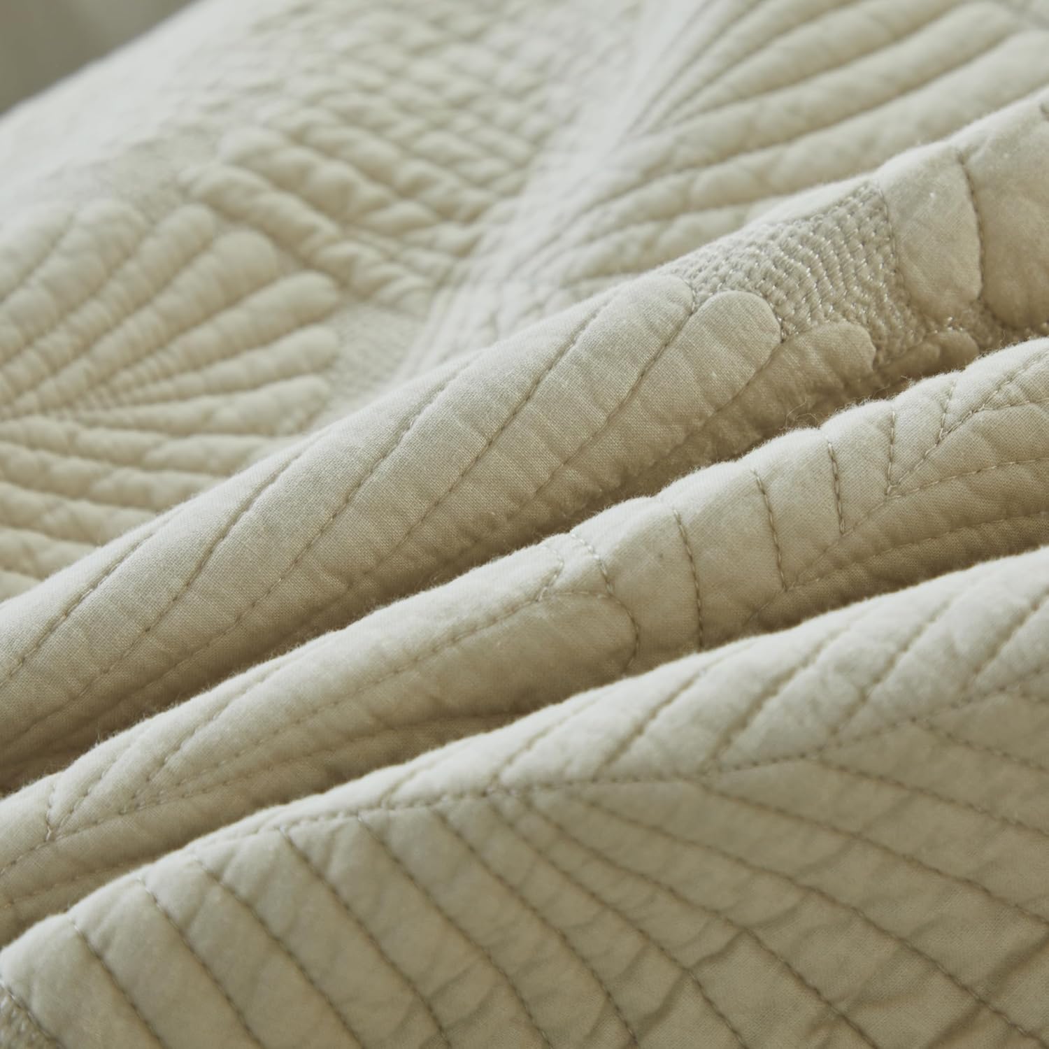 Brandream Beige Palm Stitch Quilt Set 100% Cotton King Size Luxury Embroidered Palm Leaf Bedding, Premium Hand-Stitched Tropical Quilt Set 3-Piece