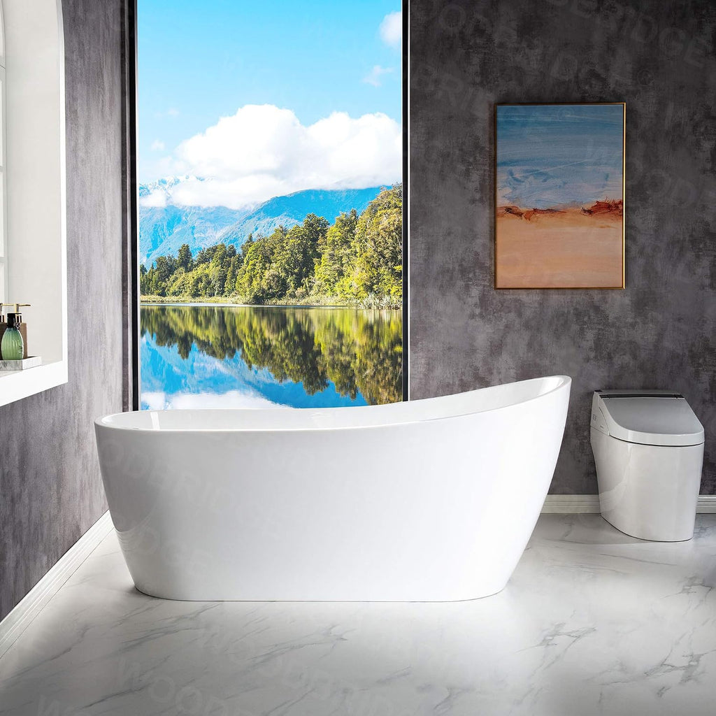 WOODBRIDGE 67' Acrylic Freestanding Bathtub Contemporary Soaking Tub with Brushed Gold Overflow & Drain,White,BTA-1508/B-0001-BG
