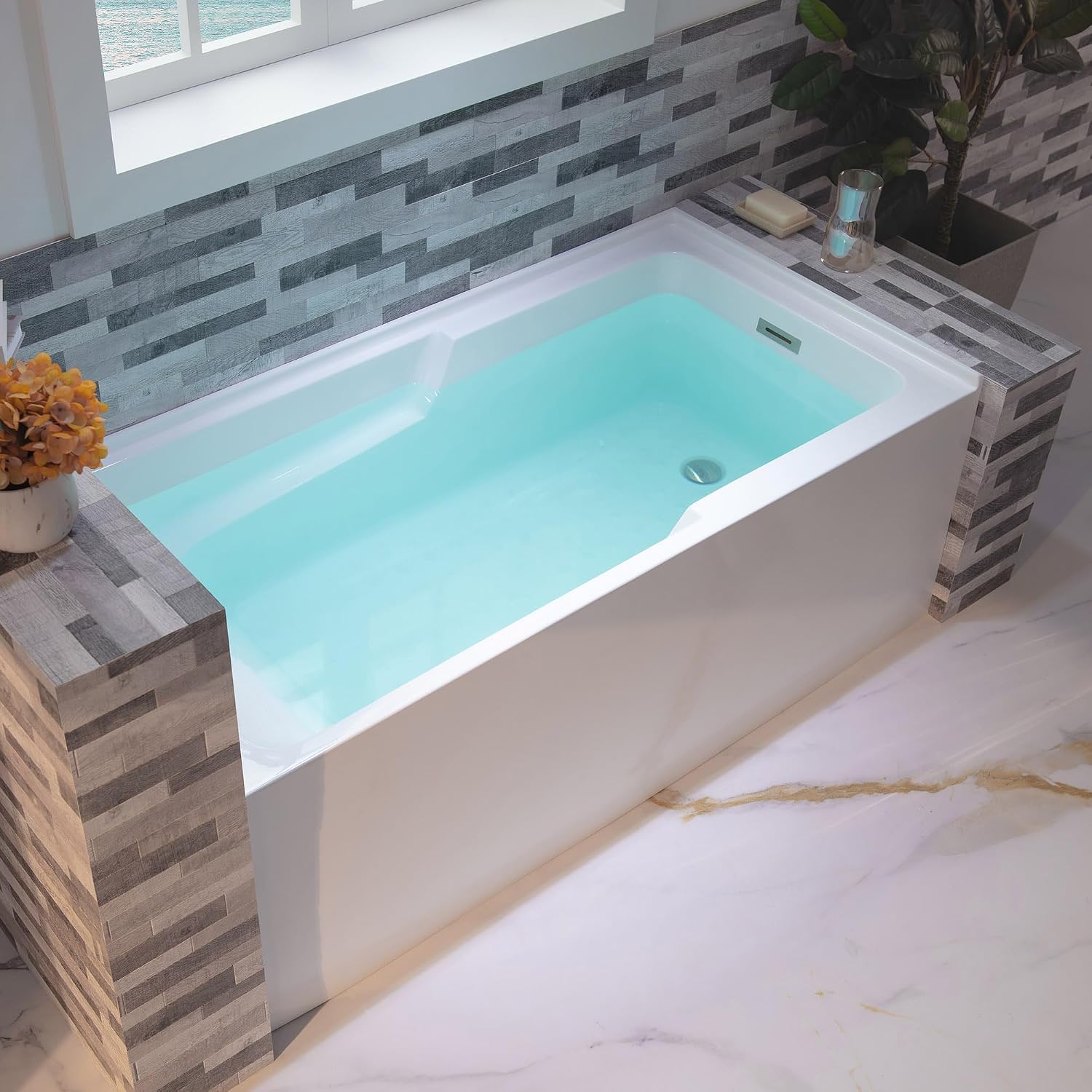 WOODBRIDGE 60' Acrylic Rectangular Alcove Soaking Bathtub in White with Right Drain, Brushed Nickel Pop-Up Drain Included BA6030R