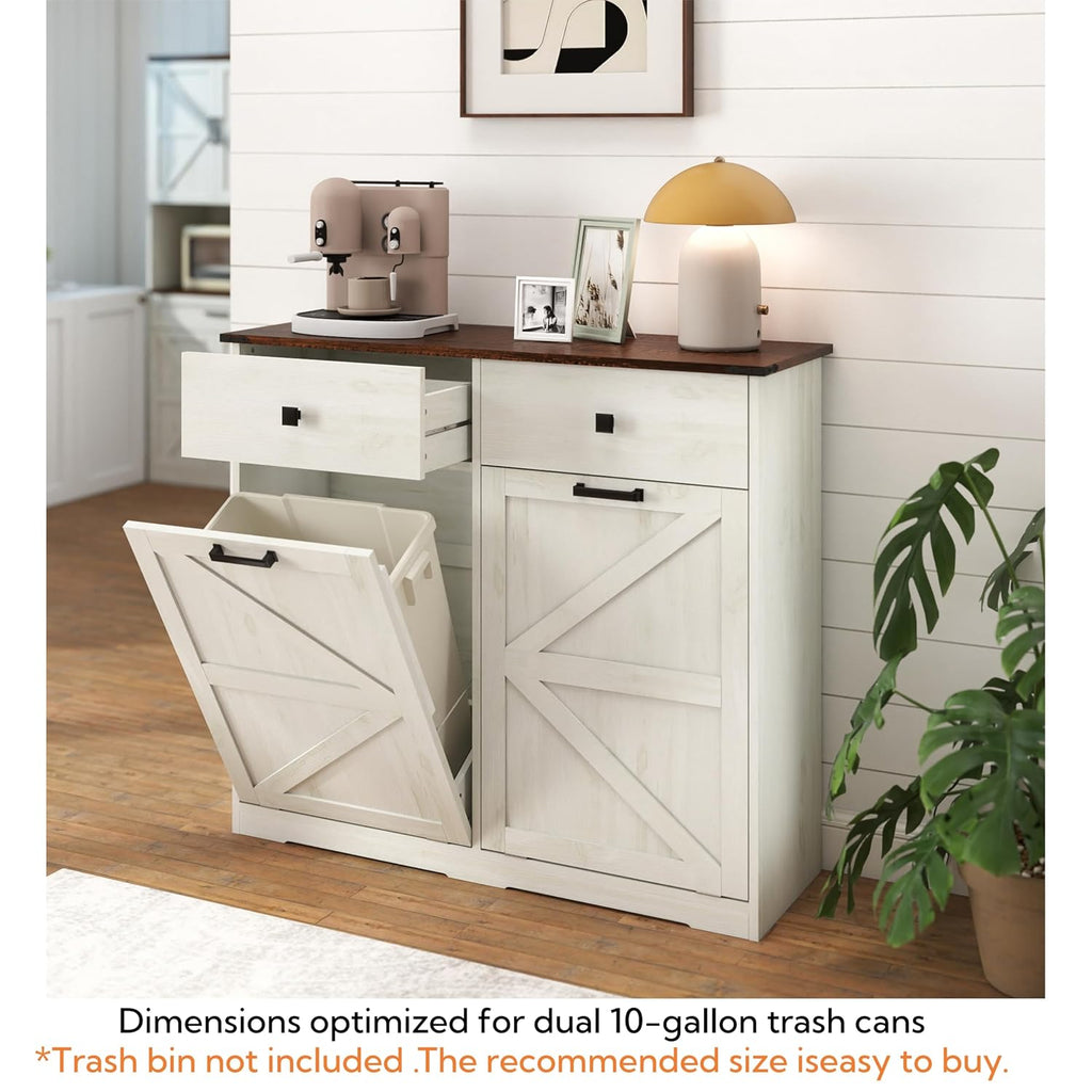 Farmhouse Double Tilt-Out Trash Cans for 2×10 Gallon Bins, Barn Door Style Recycling Cans w/ Hideaway Drawer, Free-Standing Kitchen Garbage Bin Holder, Laundry Sorter Cabinet w/ Tilt-Out Design.