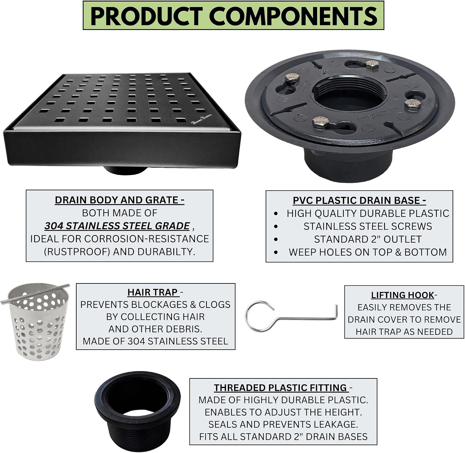 SereneDrains 304 Stainless Steel 6 Inch Square Matte Black Shower Drain Kit with Base Square Design for Tile Floor Drain Grate Cover Hair Catcher Trap Strainer Filter (Matte Black, PVC Plastic)