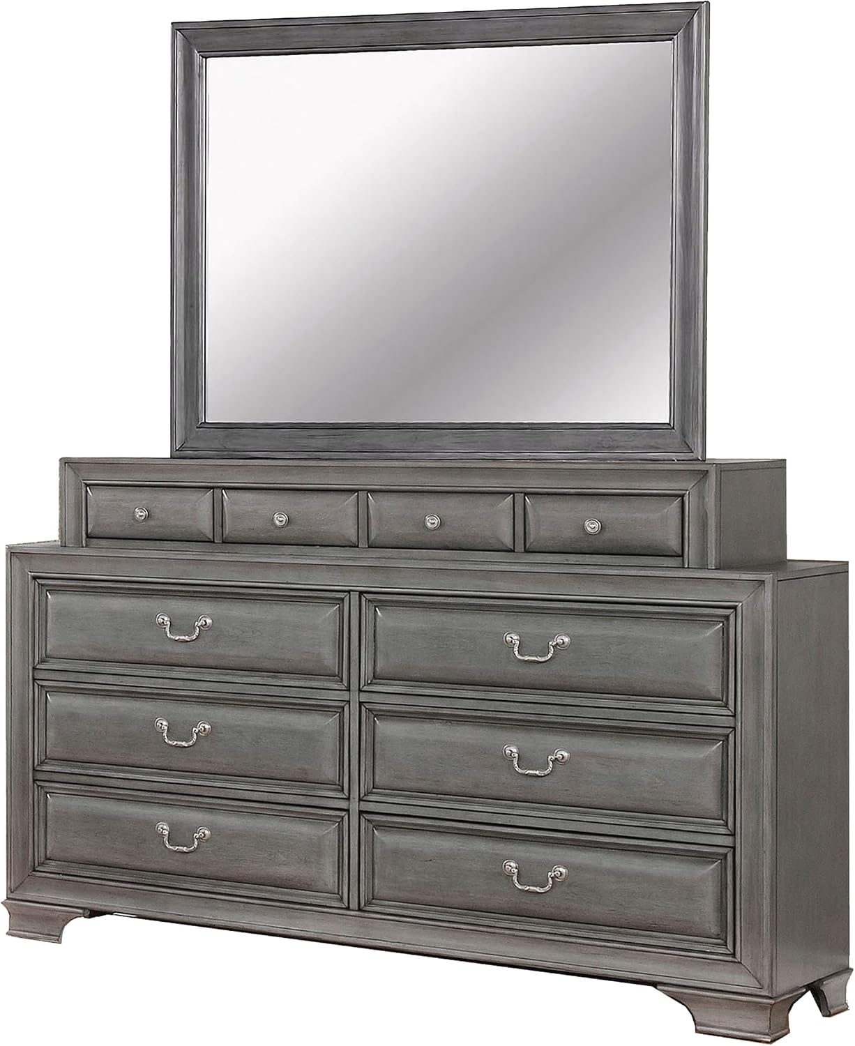 Benjara Lio Four PC Queen Size Bedroom Set- Gray Wood Inlay Design- Nickel