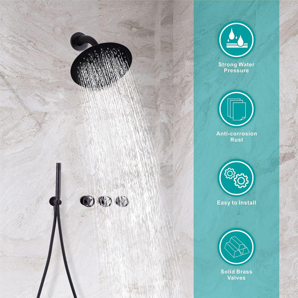SKOWLL Oil Rubbed Bronze Shower System 3 Handles, Wall Mounted Shower Faucet Set with 10 Inch Round Rain Shower Head and Handheld Spray