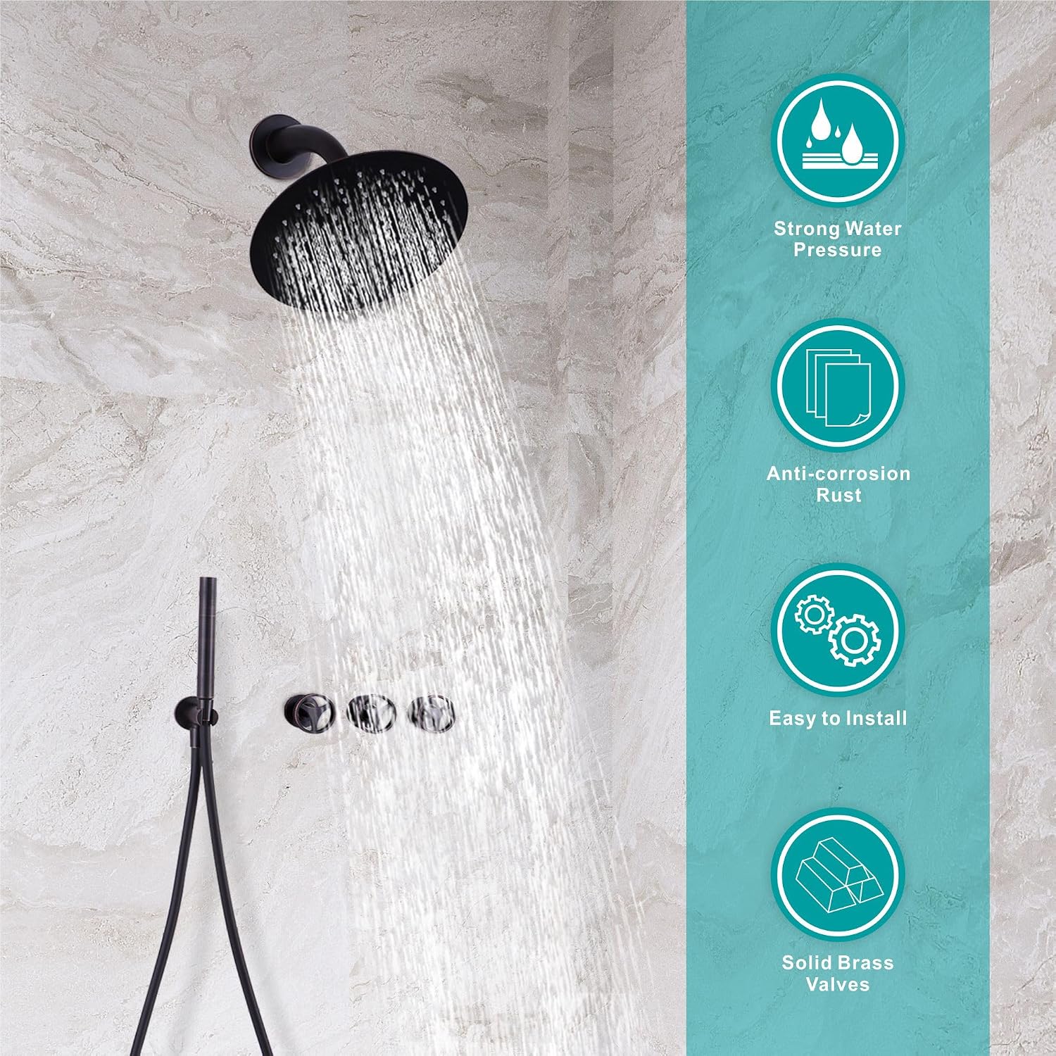 SKOWLL Oil Rubbed Bronze Shower System 3 Handles, Wall Mounted Shower Faucet Set with 10 Inch Round Rain Shower Head and Handheld Spray