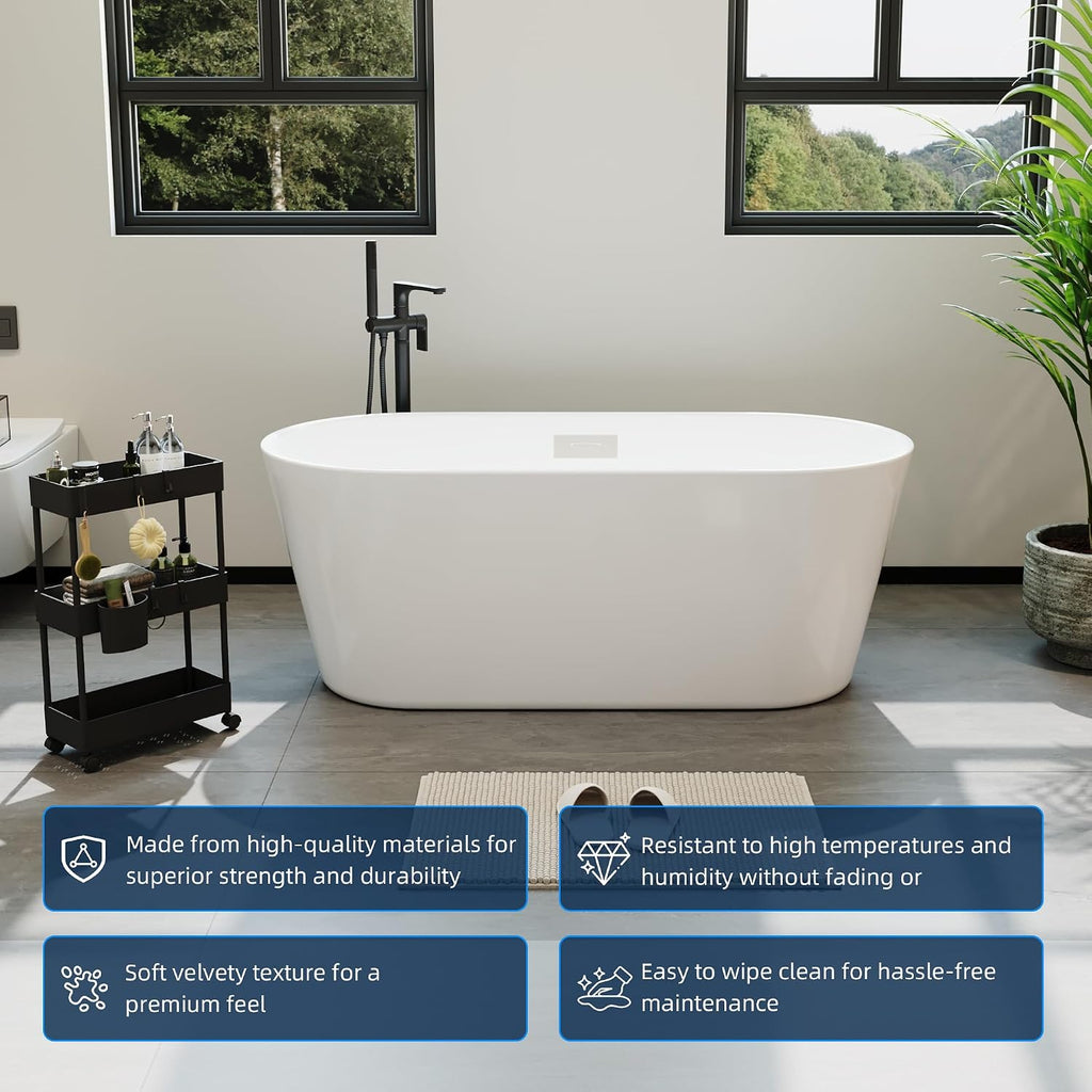 Acrylic Freestanding Bathtub, Deep Soaking Tub with Non-Slip Base, CUPC Certified Free Standing Tub, Chrome Drain Bath Tub, Modern Tub for Bathrooms, White, 59Inch