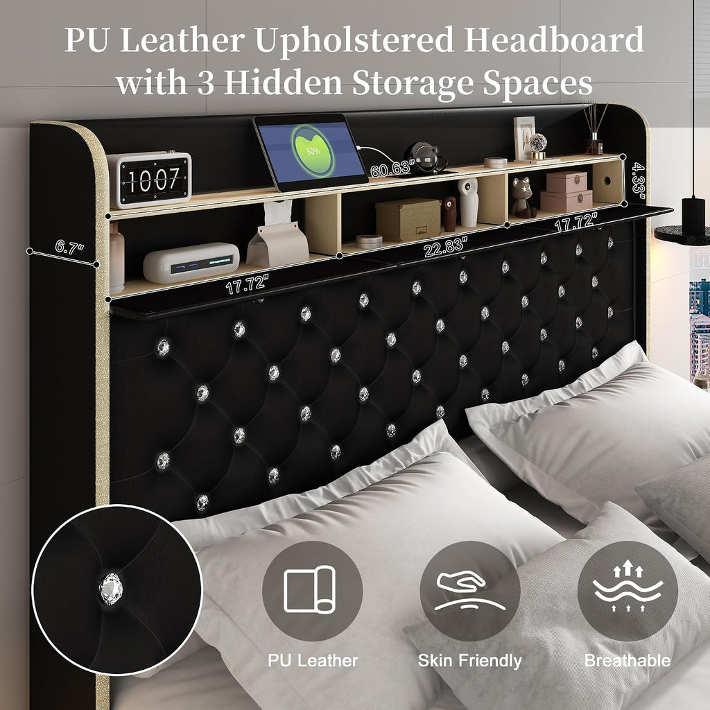 SIBEDS Queen Led Bed Frame with Galaxy Aurora Star Projector, Platform Beds with Charging Station, 52' Diamond Upholstered Wingback Bedframe with 2 Storage Drawers, No Box Spring Needed, PU Black