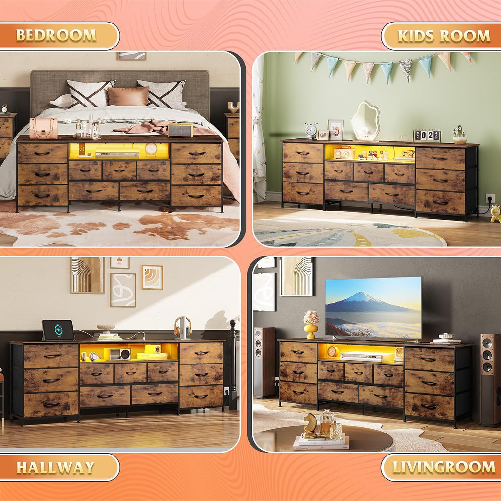WLIVE 75.5' TV Stand for 65, 75, 80, 85 Inch TV, Dresser for Bedroom with Power Outlets & LED Lights, 11 Drawer Fabric Dresser with Open Shelves, Entertainment Center with Storage, Rustic Brown