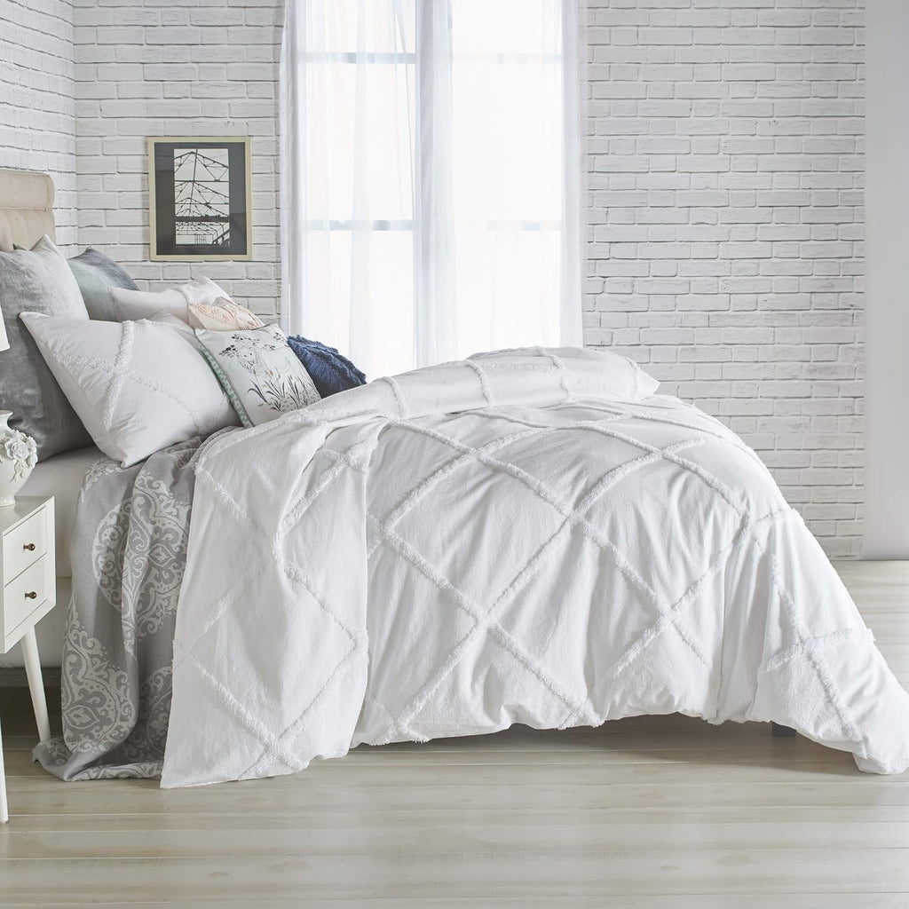 Peri Home Chenille Lattice 100% Cotton 2-Piece Solid Color Comforter and Sham Set, Twin, White