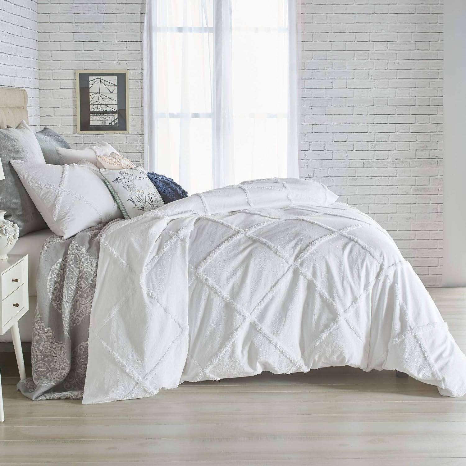 Peri Home Chenille Lattice 100% Cotton 2-Piece Solid Color Comforter and Sham Set, Twin, White
