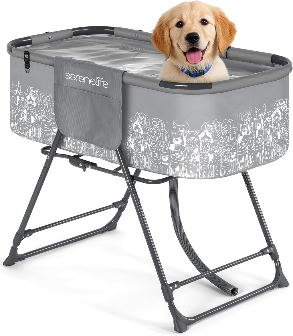 SereneLife Foldable Dog Bath Tub with Adjustable Height, 360° Access, Drain Hose & Storage Pockets – 130 lb Capacity Grooming Station for Indoor/Outdoor Use (Gray)