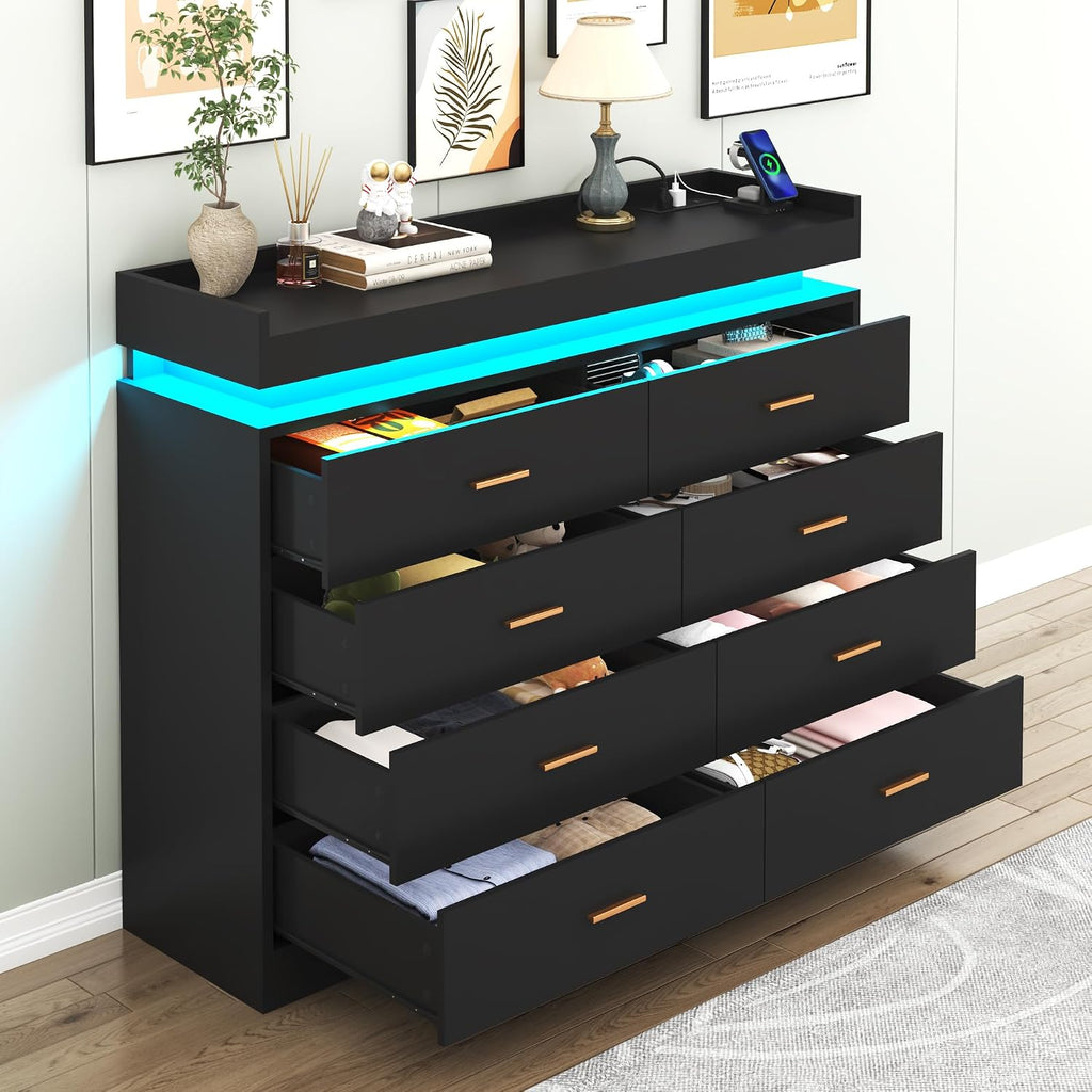 Hlivelood 8 Drawer Dresser with LED Light and Charging Station, Modern Chest of Drawers for Closet, Wide Drawer Organizer Cabinet for Bedroom, Living Room, Entryway, Hallway(Black)