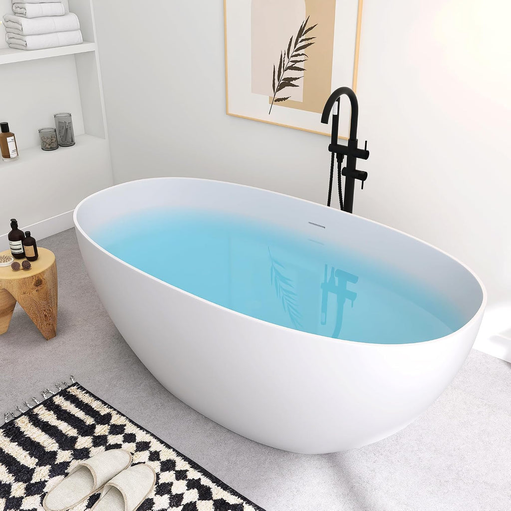 59' Freestanding Solid Surface Bathtub, Oval Stone Resin Soaking Tub Modern Design Stand Alone Tub with Pop-up Drain & Overflow Matte White