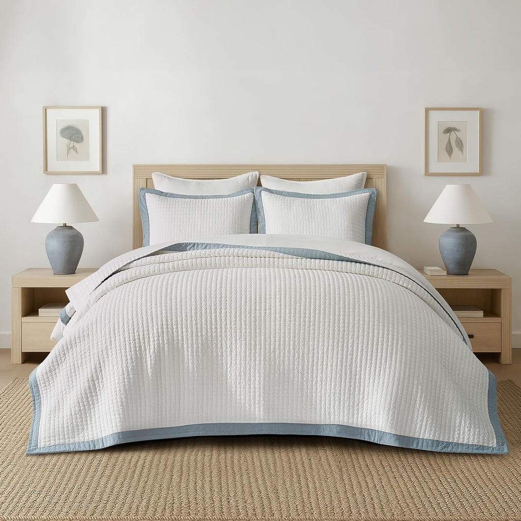 EVERGRACE Cotton Border Frame Tack-Stitch Quilt Bedding Set Queen Size, Coastal Oversized 3 Pieces Lightweight Bedspread Coverlet for All Season, with 2 Matching Shams, Blue Linen