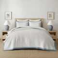 EVERGRACE Cotton Border Frame Tack-Stitch Quilt Bedding Set Queen Size, Coastal Oversized 3 Pieces Lightweight Bedspread Coverlet for All Season, with 2 Matching Shams, Blue Linen