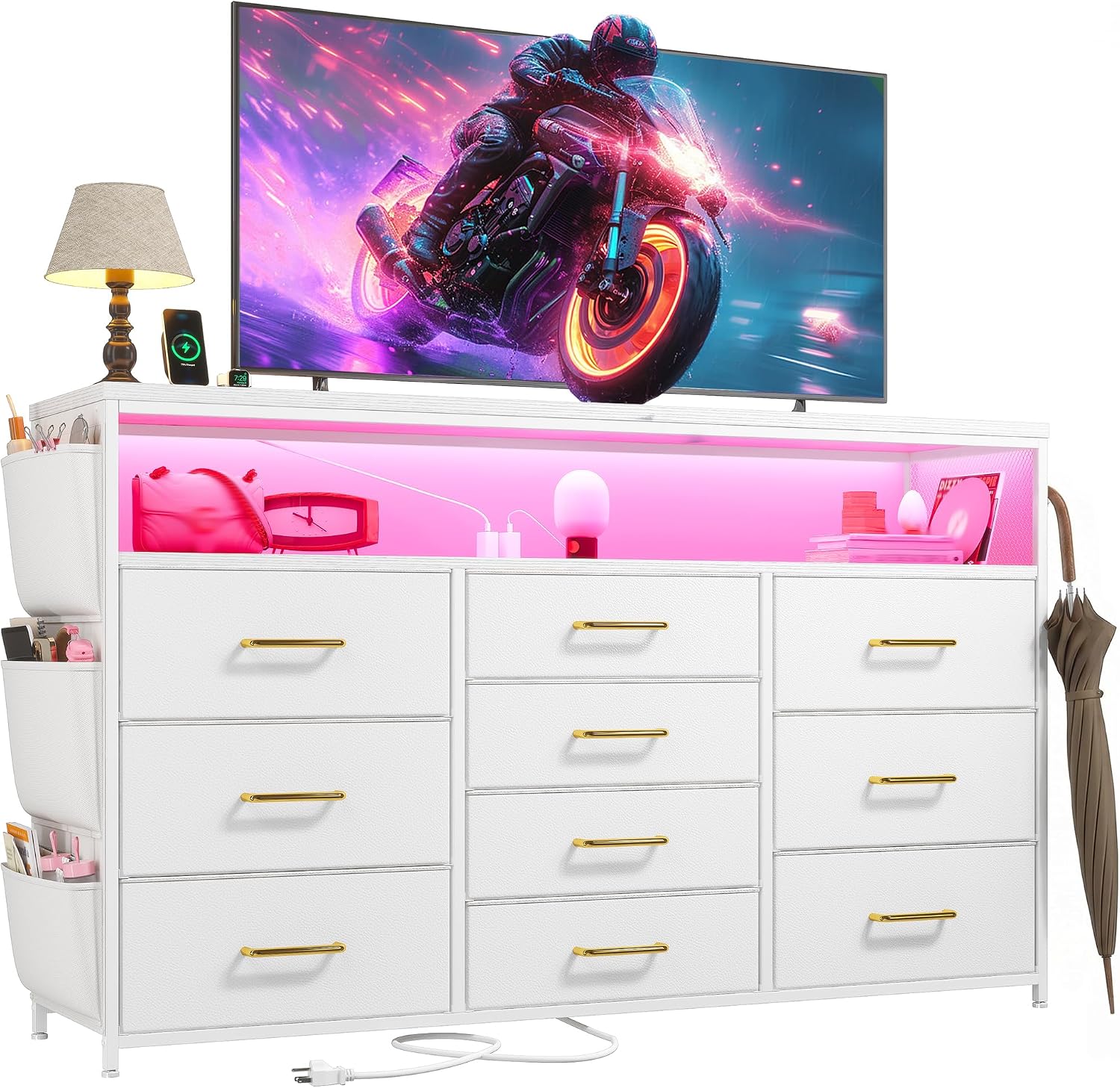 1EnHomee Dresser for Bedroom with 10 Drawers, 55' TV Stands with LED Lights & Power Outlets, Dressers with Shelves & Side Pockets, Hooks for Hallway,White