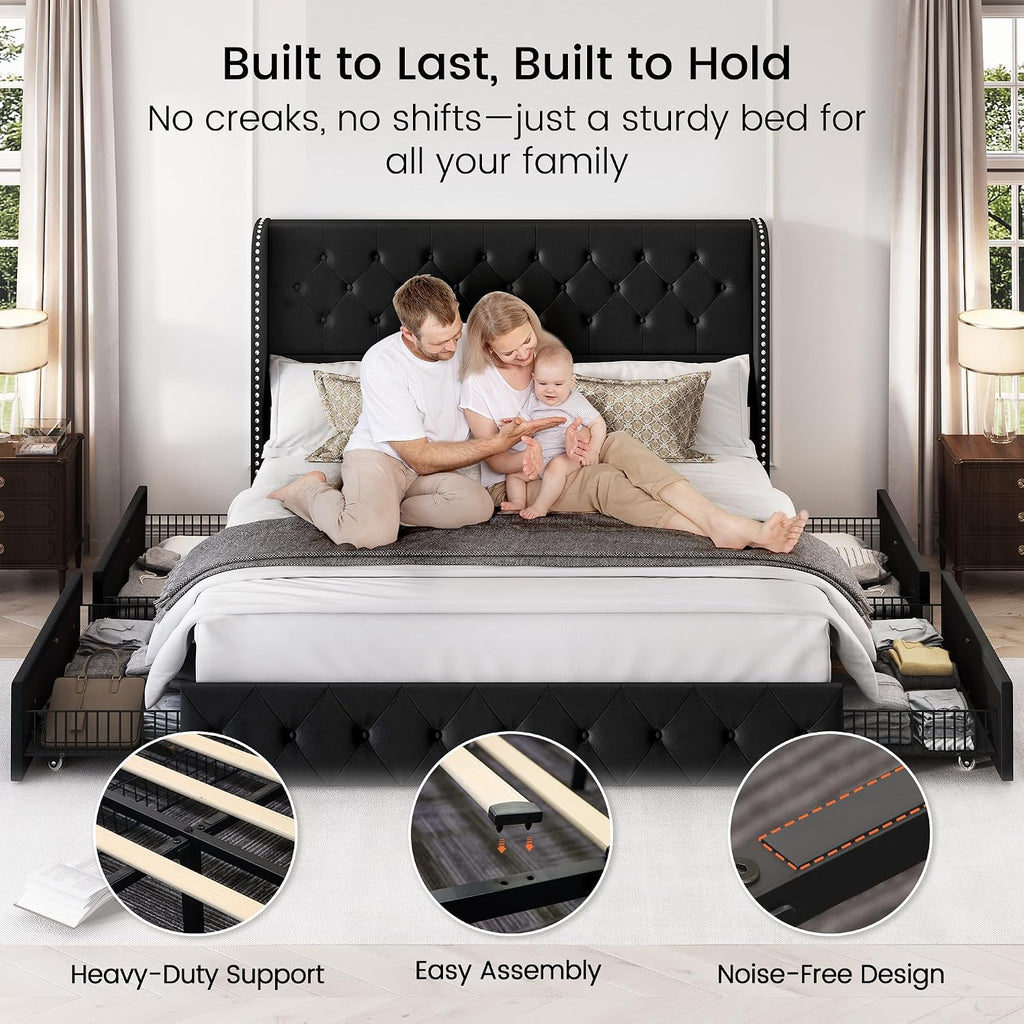 LARMACE King Size Bed Frame with 4 Storage Drawers and 47.2' Tall Tufted Headboard Velvet Upholstered Platform Bed Frame Wingback Beds with Wooden Slats Support, Easy Assembly, Black