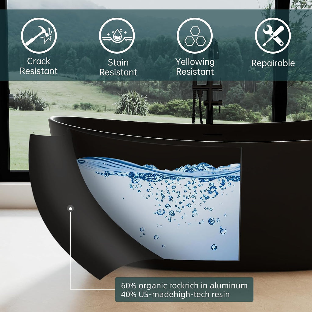 65' Stone Resin Black freestanding bathtubs，Transparent Oval Freestanding Tub Deep Soaking Bathtub Modern Tubs with Overflow and Pop-up Drain in Black