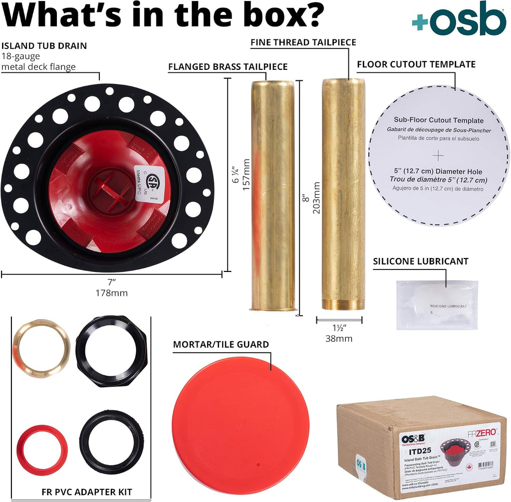 OS&B ITD25 FRZERO Fire Rated PVC Island Tub Drain Kit for Freestanding Tubs, Rough-in for Easy Installation, Compatible for Non-Combustible Buildings, Testable Bathtub Drain for 8'/10' Joist Space