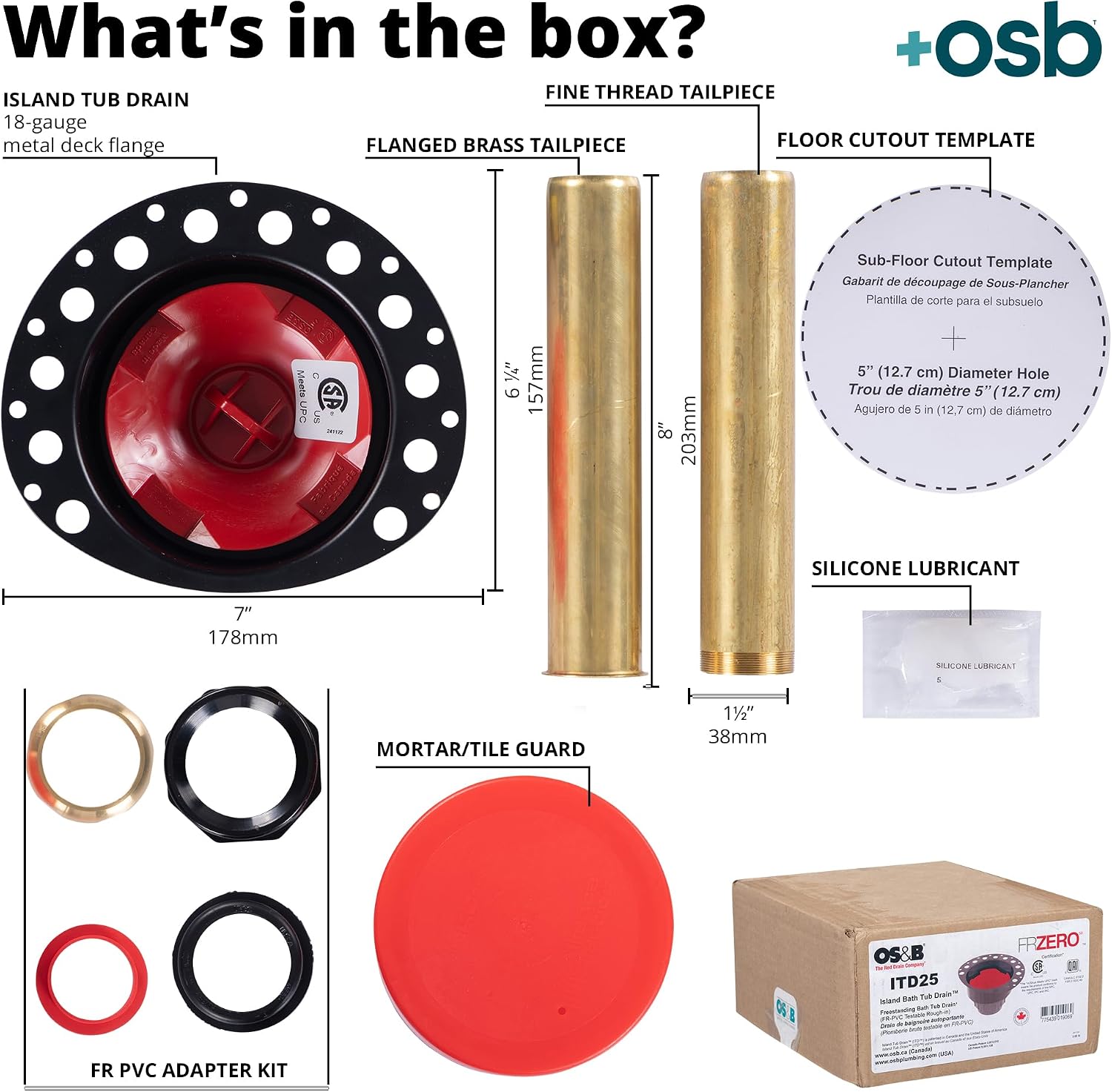 OS&B ITD25 FRZERO Fire Rated PVC Island Tub Drain Kit for Freestanding Tubs, Rough-in for Easy Installation, Compatible for Non-Combustible Buildings, Testable Bathtub Drain for 8'/10' Joist Space