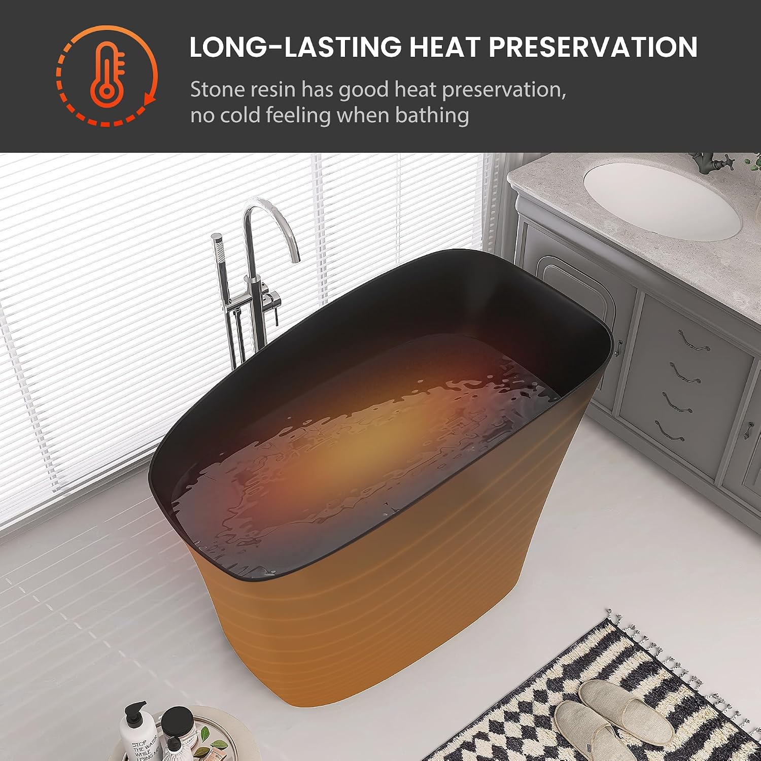 SJ STAR&JANE 51' Solid Surface Japanese Soaking Bathtub Stone Resin Freestanding Tub Deep Soaking Bathtub Sit-In Design with Overflow and Drain in Matte Black