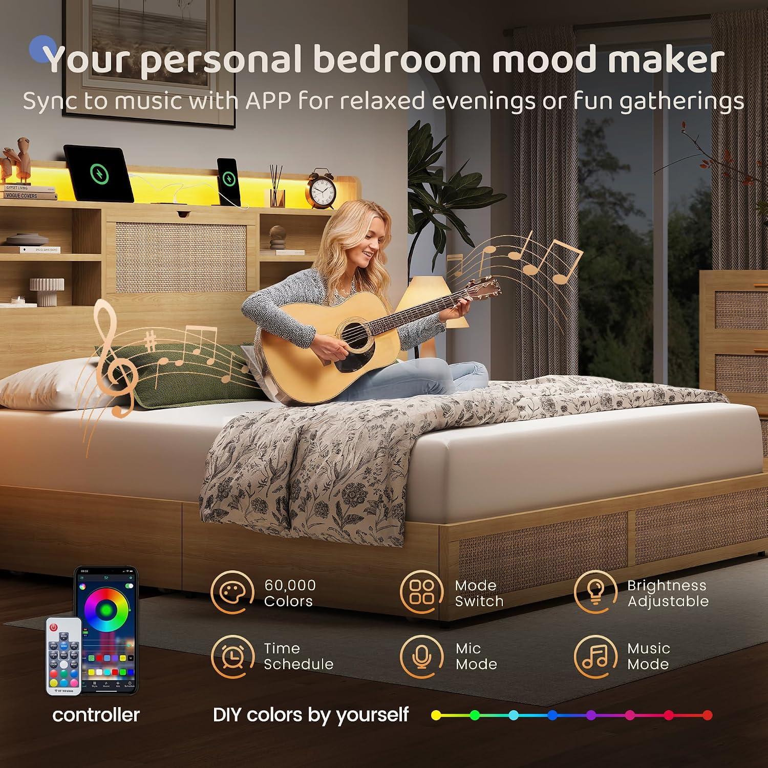 BRELTAM King Size Rattan Bed Frame with 4 Storage Drawers and 51.3' Tall Hidden Storage Headboard Wooden Platform Bed Frame with LED Lights and Charging Station, No Box Spring Needed, Natural