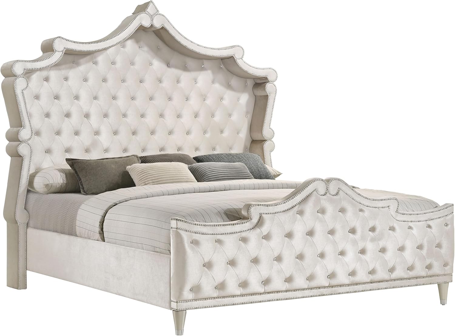 Coaster Home Furnishings Antonella Modern Classic 4-Piece Bedroom Set Velvet Upholstered Queen Size Panel Bed Frame 79-inch Headboard Ivory and Camel 223521Q-S4