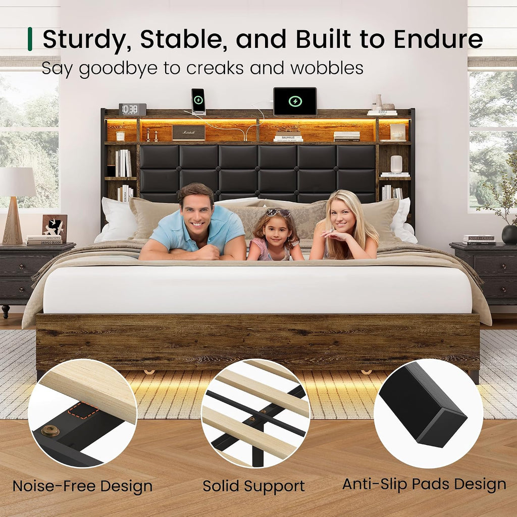 LARMACE Queen Size Bed Frame with 4 Storage Drawers and Bookcase Headboard, Faux Leather Upholstered, Wooden Platform Bed Frame with Charging Station and LED Lights, No Box Spring Needed, Brown