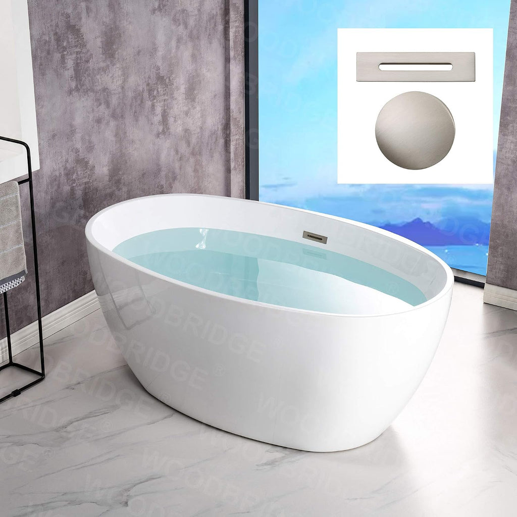 WOODBRIDGE 55' Acrylic Freestanding Bathtub Contemporary Soaking White Tub with Brushed Nickle Overflow and Drain，B1418 -B/N-Drain &O
