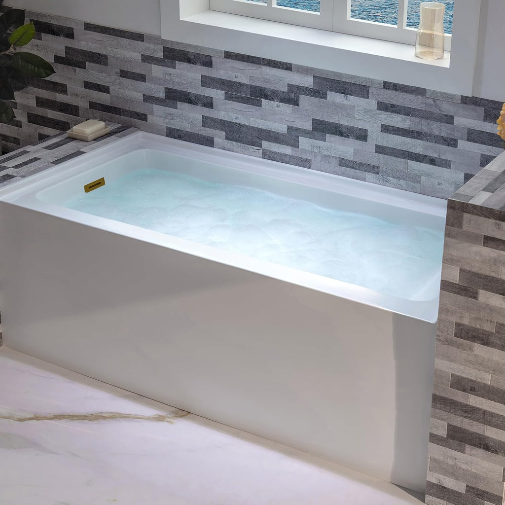 WOODBRIDGE 60' Acrylic Rectangular Alcove Soaking Bathtub in White with Left Drain, Brushed Gold pop-up Drain Included, LB429-L