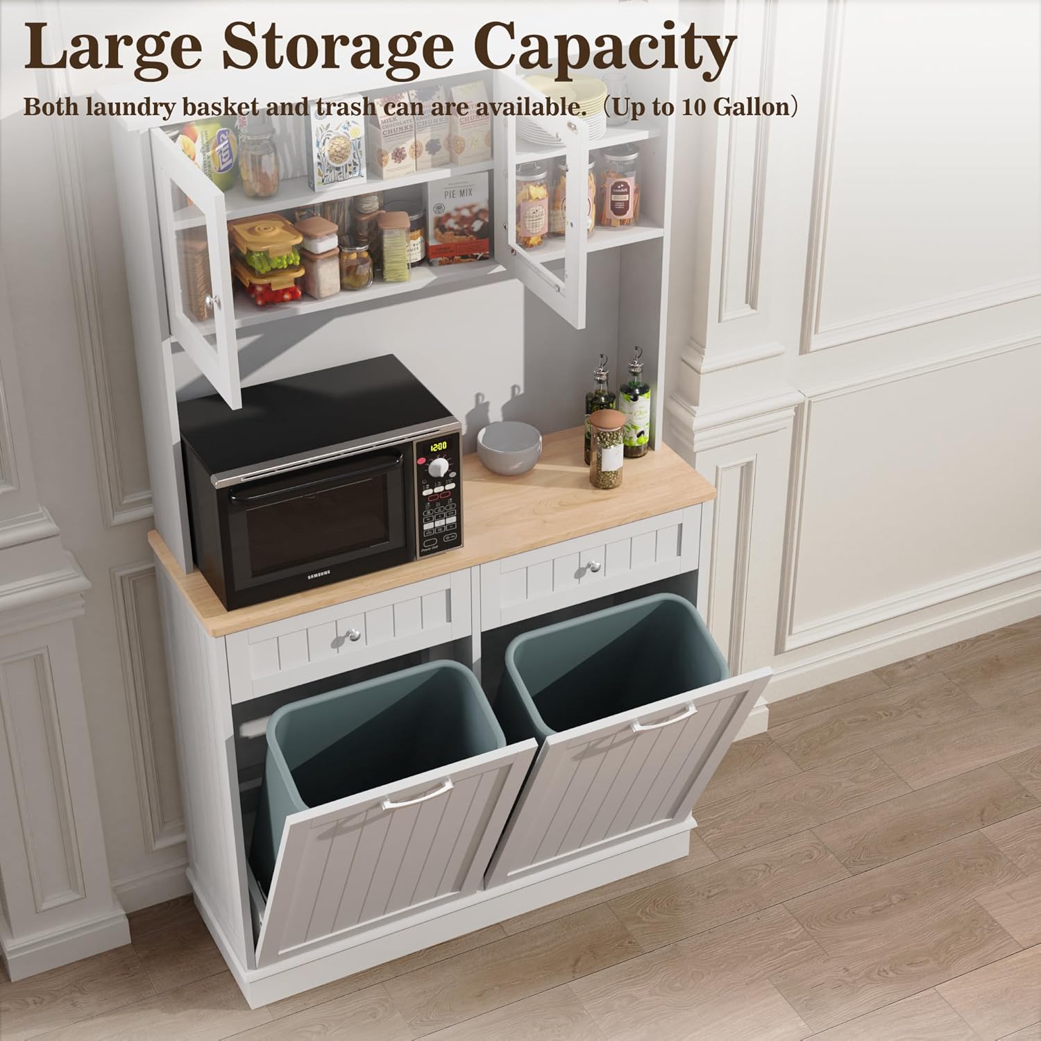 Double Tilt Out Trash Cabinet Storage Cabinet 20 Gallon with Two Solid Wood Hideaway Trash Holder Drawers, Dual Wooden Free Standing Recycling Cabinets Trash Can Bin Kitchen (White)