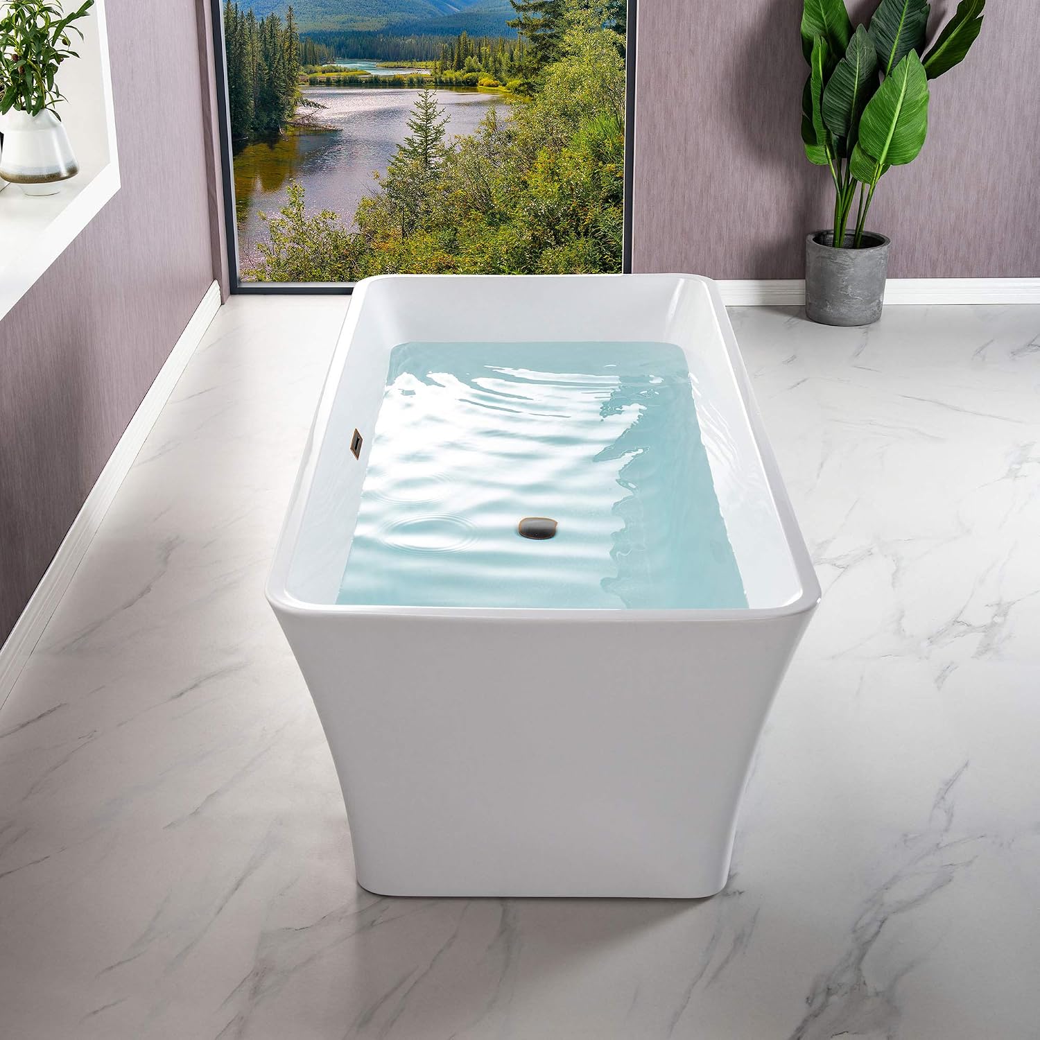 WOODBRIDGE 59' Freestanding White Acylic Soaking Bathtub with Drain Kit and Floor Mount Tub Filler in ORB,BTA1509-ORB-Drain &O+F0010ORBSQ, Oil Rubbed Bronze