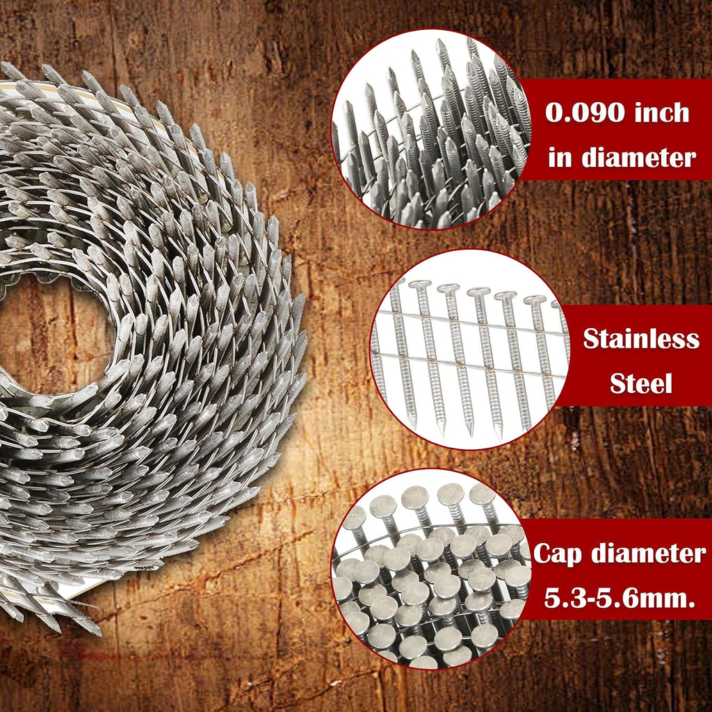 findmall 3600 Count 2-1/2 Inch x .090-Inch Ring Shank 304 Stainless Steel Siding Nails 15-Degree Collated Wire Coil for Wood or Fencing Applications