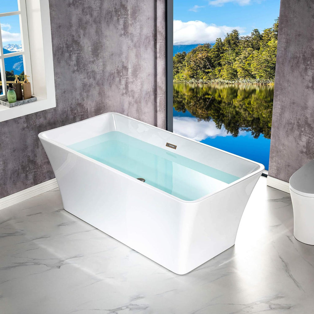 WOODBRIDGE 59' Freestanding White Acylic Soaking Bathtub with Drain Kit and Floor Mount Tub Filler in ORB,BTA1509-ORB-Drain &O+F0010ORBSQ, Oil Rubbed Bronze
