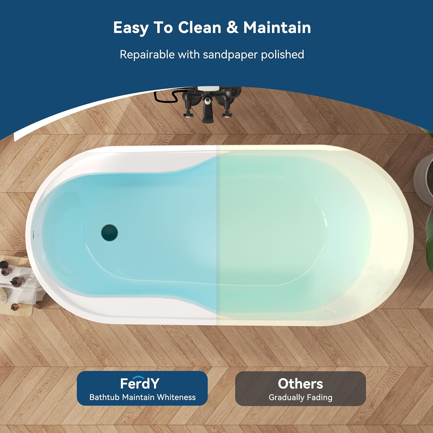 FerdY Lana'i 67' Freestanding Bathtub, Gracefully Shaped Freestanding Soaking tub, Glossy White, cUPC Certified, Matte Black Drain Assembly Included
