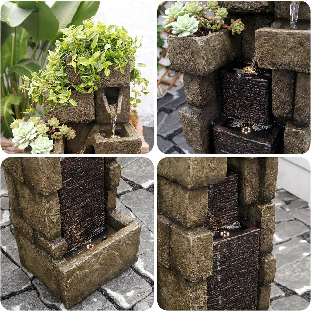 YZM 42.72' H Modern Stacking Bricks Water Fountain Outdoor Cascading Waterfall Fountains with Led Lights for Gardens Landscaping Patios Balconies and Lawns Decor for Outside
