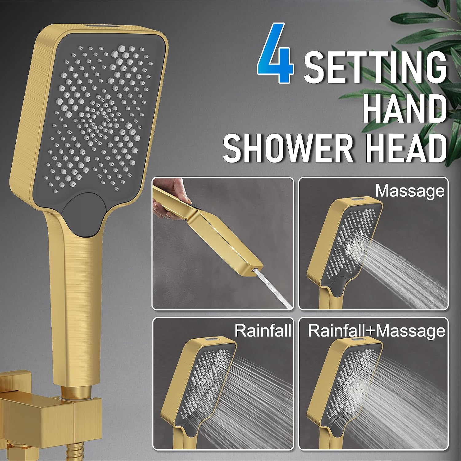 Iriber Thermostatic Shower System with Adjustable Water Flow Push Button Diverter, Square Dual Shower Heads Faucet Set with Handheld Spray, Brushed Gold Shower Mixer Valve Trim Kit (Valve Included)