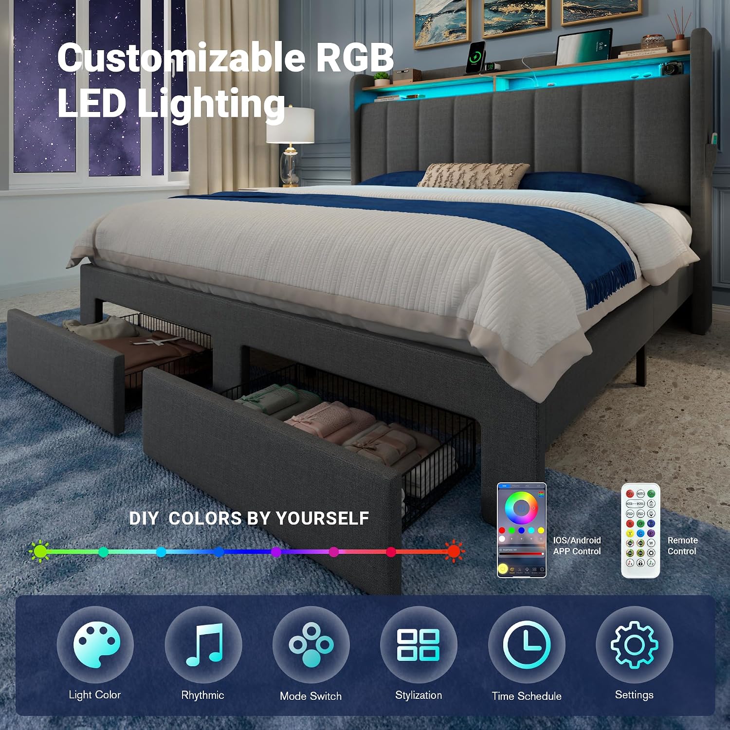 Allewie Vertical Tufted Queen Upholstered Platform Bed Frame with 2-Tier LED Storage Headboard & 2 Storage Drawers, USB & Type-C Charging Ports, Noise-Free/No Box Spring Needed, Dark Grey