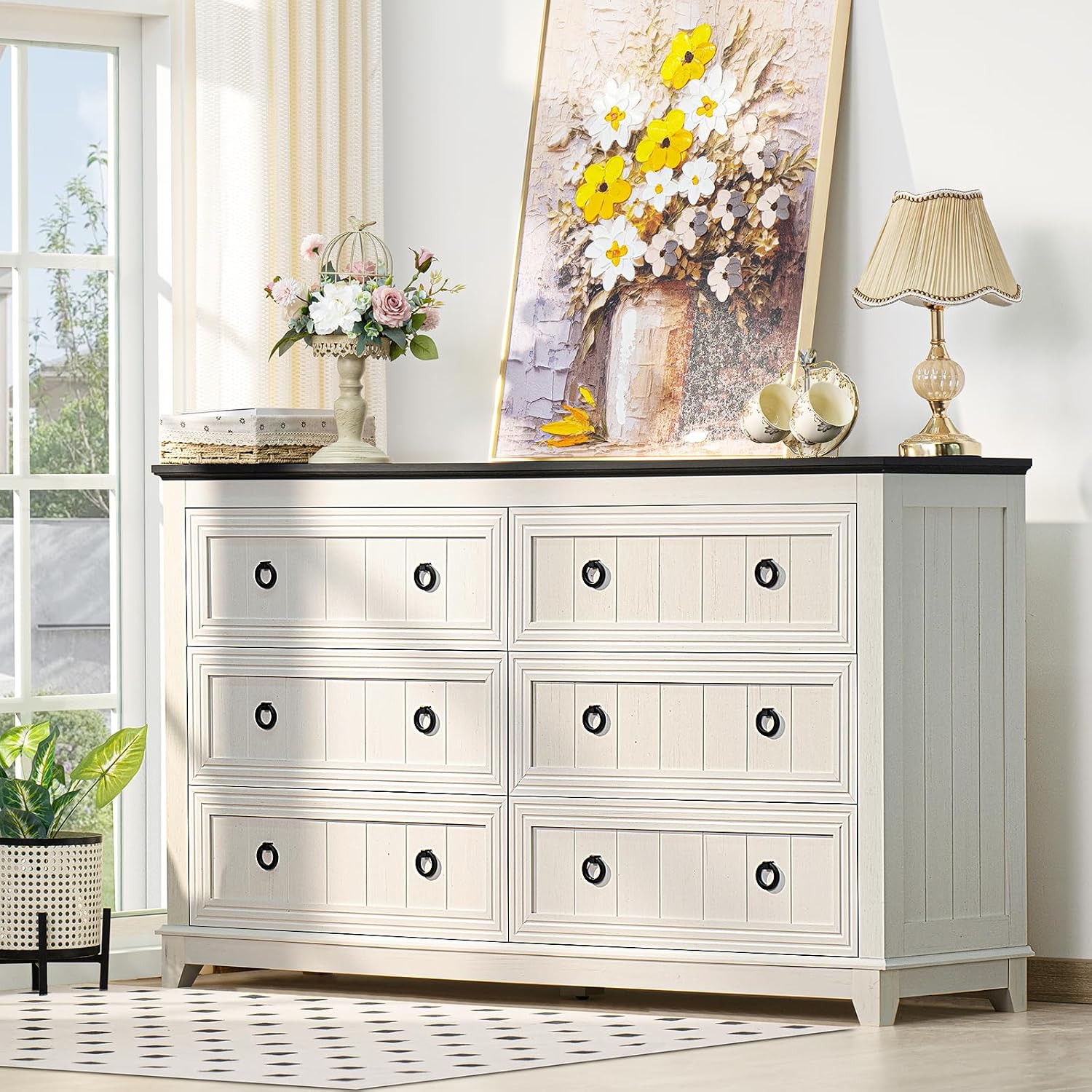 Joaxswe Farmhouse Furniture Set, Nightstands with Charging Station and 6 Drawers Dresser for Bedroom, 54 Inch Wide Wood Dresser and 18' Night Stands for Bedroom, Living Room, Hallway