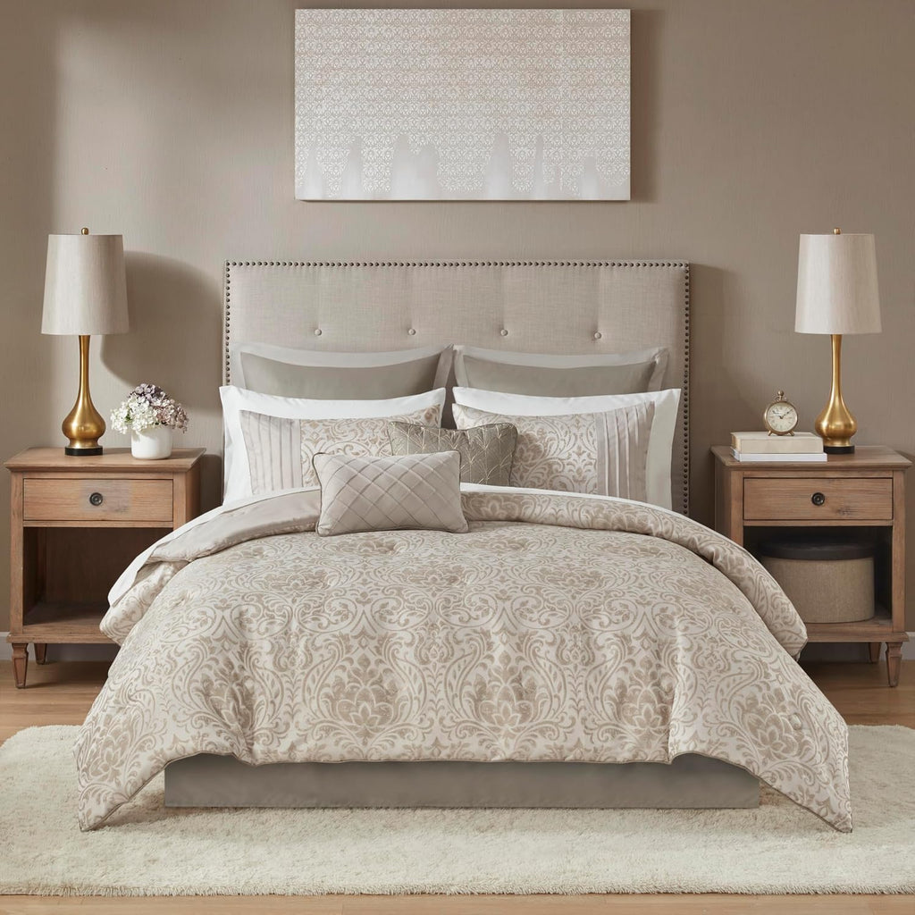 Madison Park Emilia Bed in a Bag Comforter Set with Sheets, Gold Metallic Jacquard Damask Design, Traditional, All Season Bedding Includes Bedskirt, Shams, Toss Pillows, King Khaki/Gold 12 Piece