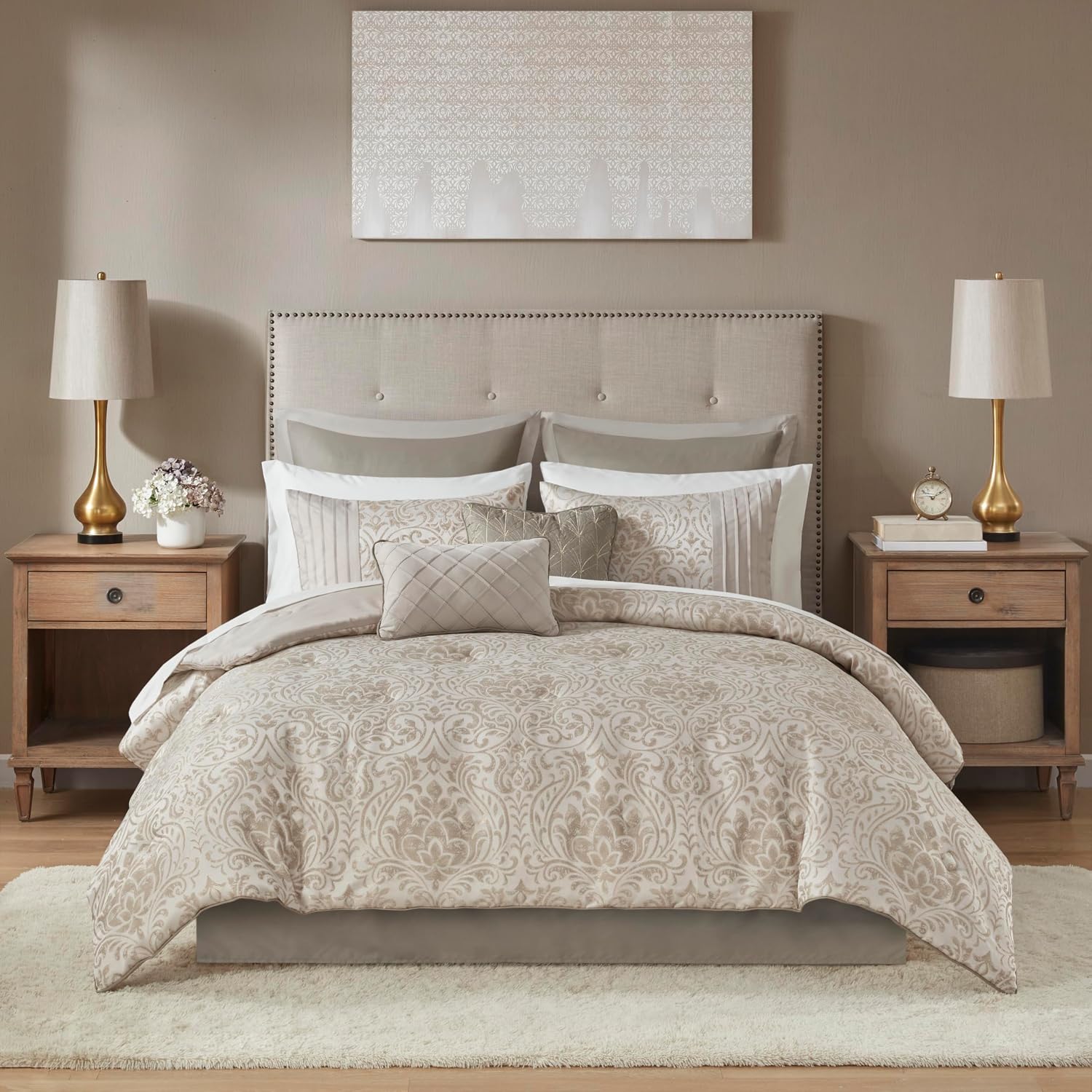 Madison Park Emilia Bed in a Bag Comforter Set with Sheets, Gold Metallic Jacquard Damask Design, Traditional, All Season Bedding Includes Bedskirt, Shams, Toss Pillows, King Khaki/Gold 12 Piece