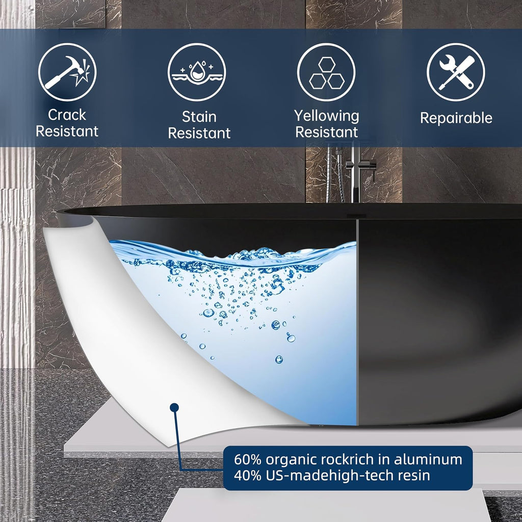 65'' Black Bathtub,Stone Resin Solid Surface Freestanding Bathtub, Modern Elegant Design Soaking Stand Alone Tub, Matte Black, Drain and Overflow Included