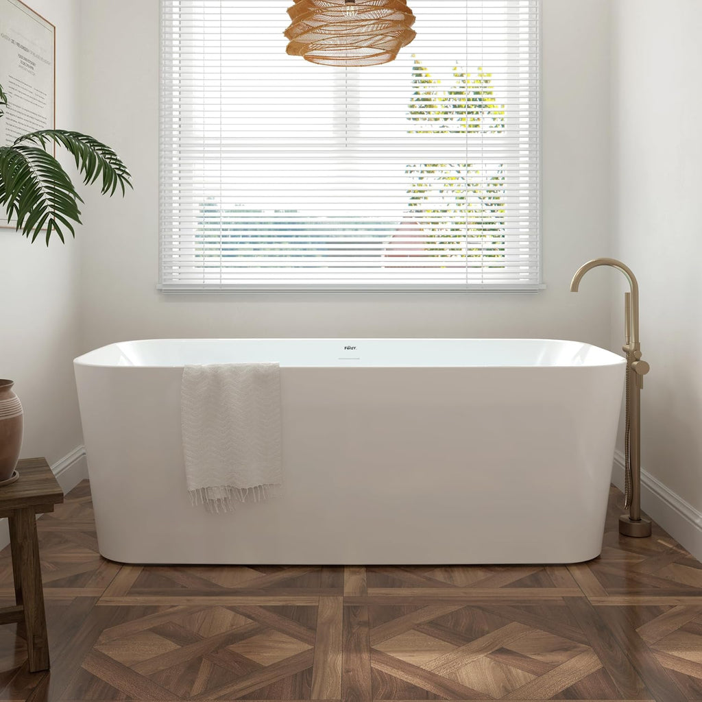 FerdY Maui 67' Freestanding Bathtub Elegant Freestanding Soaking Bathtub, Glossy White, cUPC Certified, Toe-Tap Chrome Drain & Overflow Assembly Included