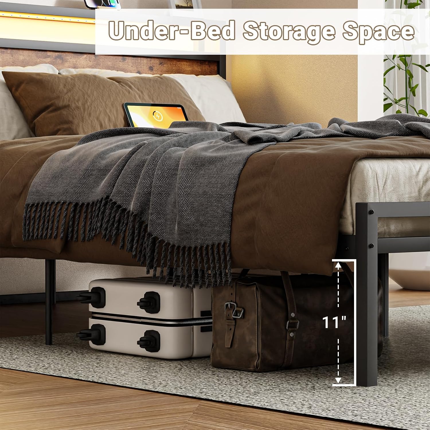 Zevemomo Full Bed Frame w/Storage Drawers and Headboard, Wooden Full Size Bed Frame w/Adjustable RGB LED Lights & Charging Station, Built-in USB Ports for Charging, Brown Full Metal Platform Bed